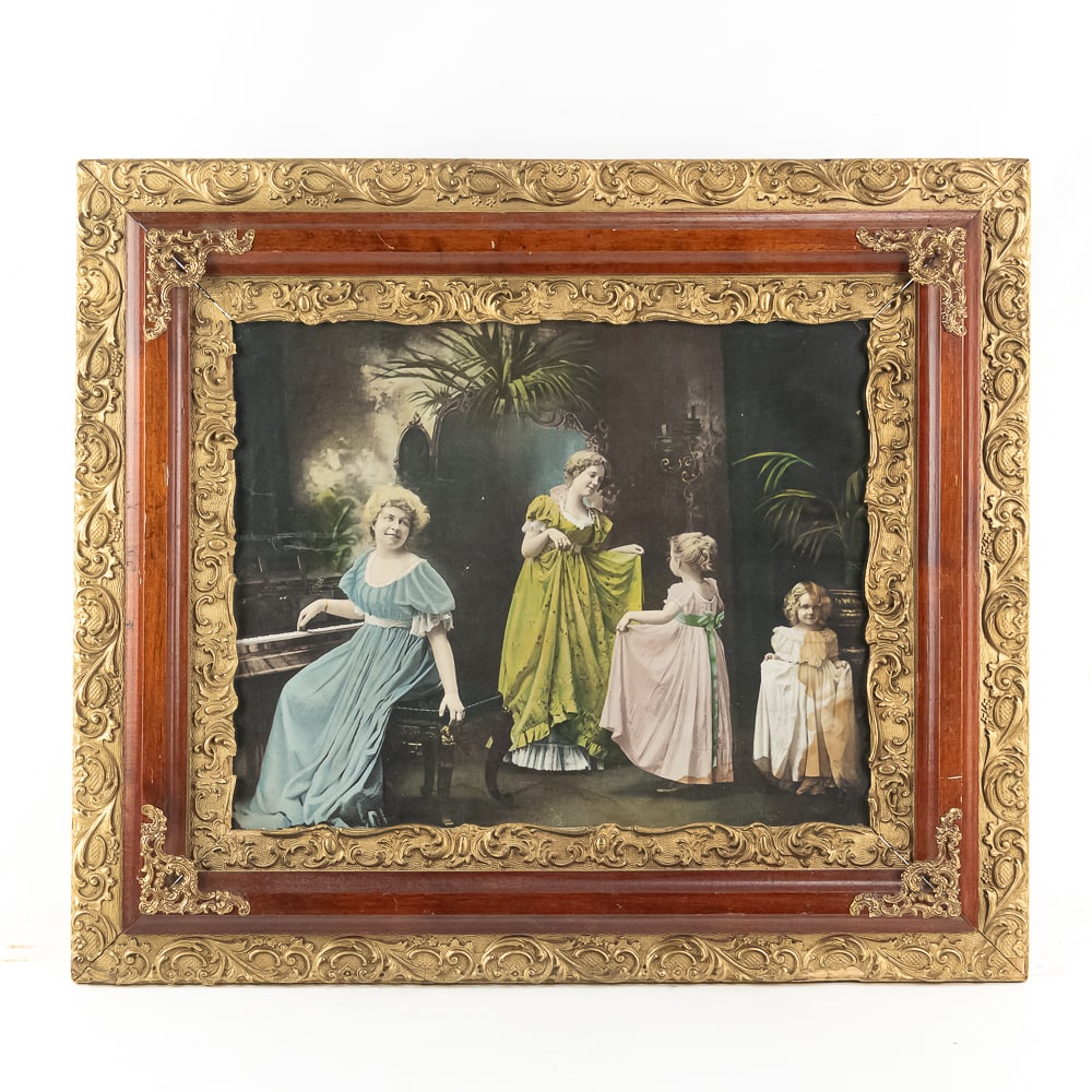 Framed Antique Print Circa 1890's: Framed antique print circa 1890's, early 1900's. Depicts woman in an interior. It is by an unknown publisher. Some bends, losses and discoloration to the print. Frame has been repainted, maybe more th