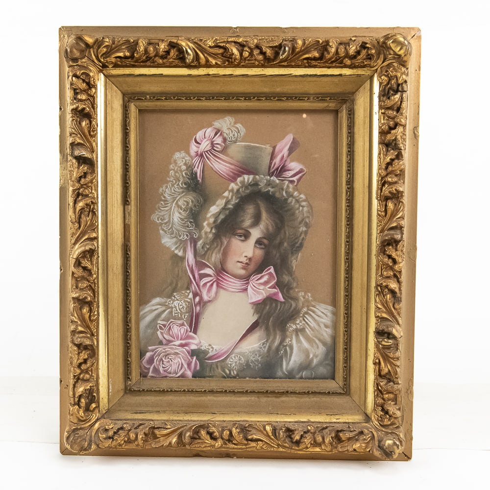 Small Framed Art Woman in Bonnet: Late 19th - early 20th century American school. Subject matter is a portrait of a woman. Framed lithograph pencil and gouche on brown paper. It is unsigned. Bears a label from Bendann's Fine Art