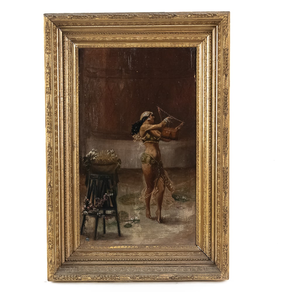Framed Artwork of Middle Eastern Style Woman: Artist is Gangewer. 19th to early 20th century. The work is copied after an original painting, originally executed by Frederick Arthur Bridgeman. Subject matter depicts a Middle Eastern style woman