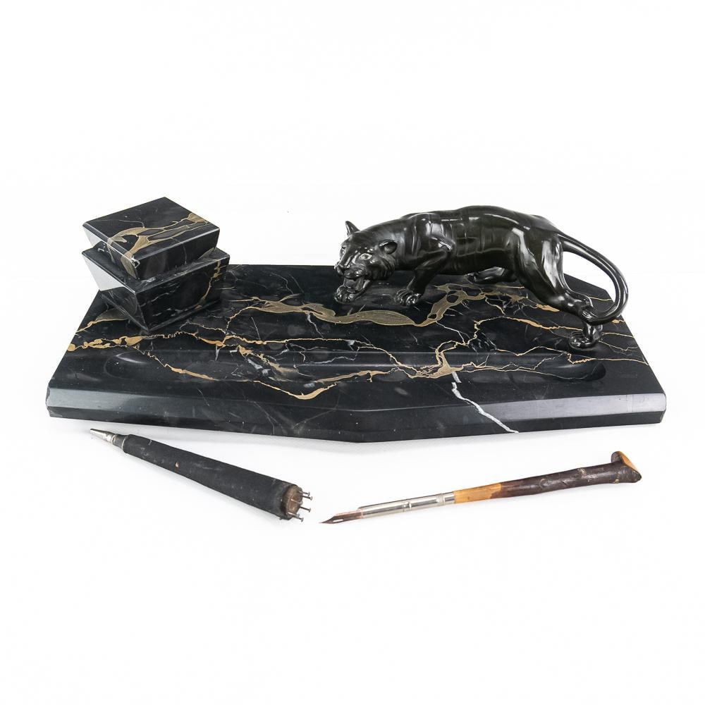 Art Deco Portoro Marble Panther Inkstand (1 of 12)