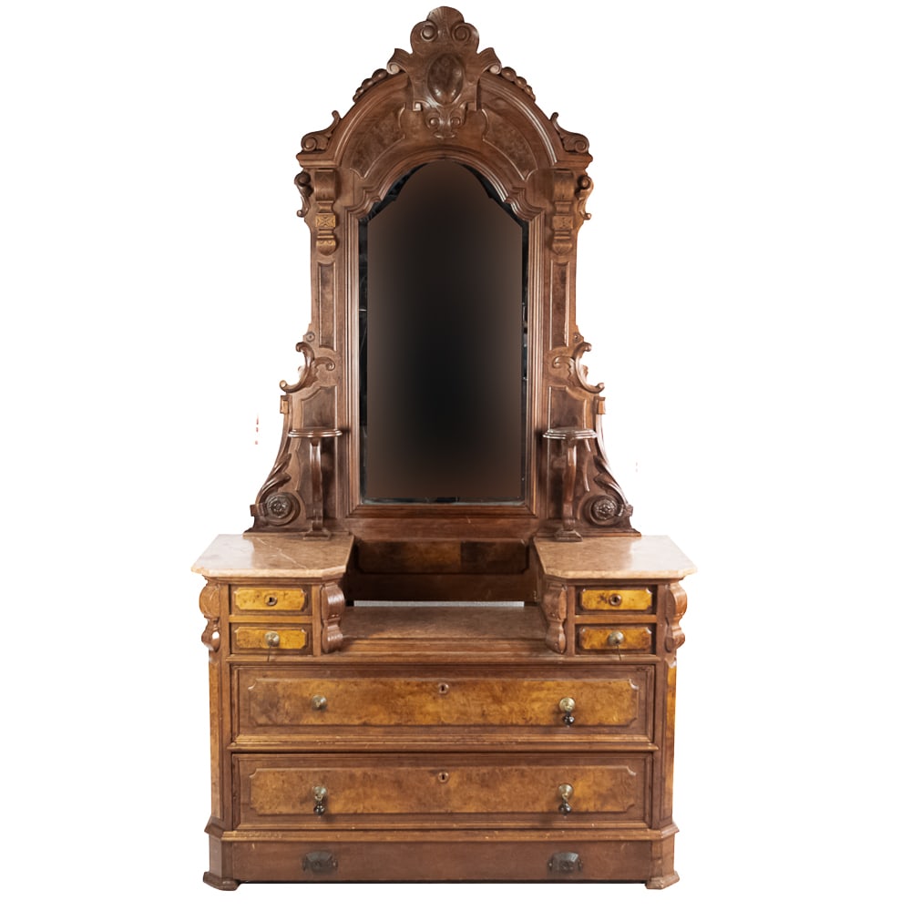 Victorian Vanity Dresses & Mirror: High Victorian walnut dresser with burl front drawers and brass & ebony tear drop pulls. Some pulls missing parts. All drawers have locks but no keys. Right side of dresser has a loose that will need