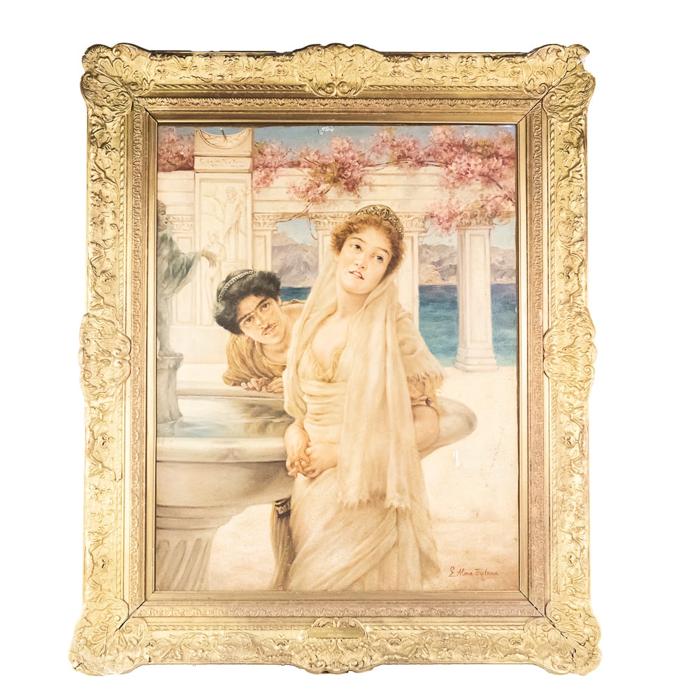 Framed E. Alma-Tadema Neoclassical Oil Painting: This striking neoclassical oil on canvas captures the romanticized aesthetic of the Victorian era, executed in the unmistakable style of the Alma-Tadema family. The scene features a young woman in cla