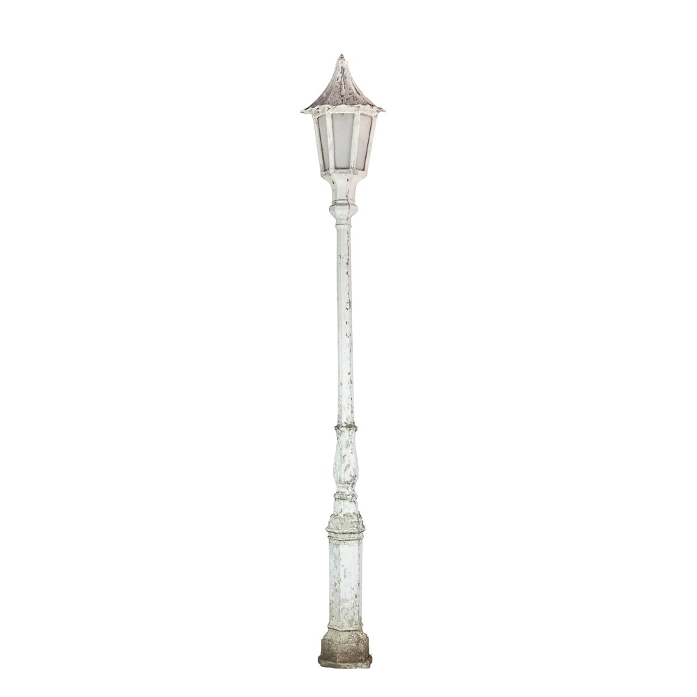 Street Lamp On Pole: Classic look contemporary made cast aluminum street light. Hex shaped light head with plastic insert lens. Wired for standard base Edison bulb. 4 bolt base. Needs repaint. 114" tall, 10" X 10" base.