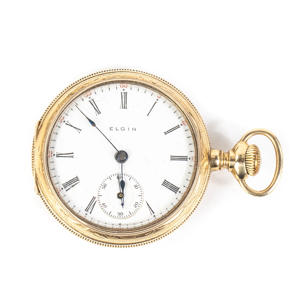 Ladies 14k Elgin Fancy Dial Pocket Watch: Attractive Ladies Elgin Fancy Dial pocket watch with second dial featured in an ornate14k gold Keystone case with dust cover. In very good overall physical condition, appears over-wound and does not w