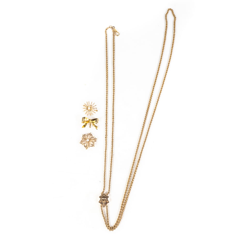 Vintage10k Pocket Watch Chain and 14k Accessories: Collection showcases a Pair of 14k Pearl accented broach pins, each is marked 14k and tested comprising of a grand total weight of 6.8 lovely grams; Unmarked pocket watch chain holds 10k on the acid t