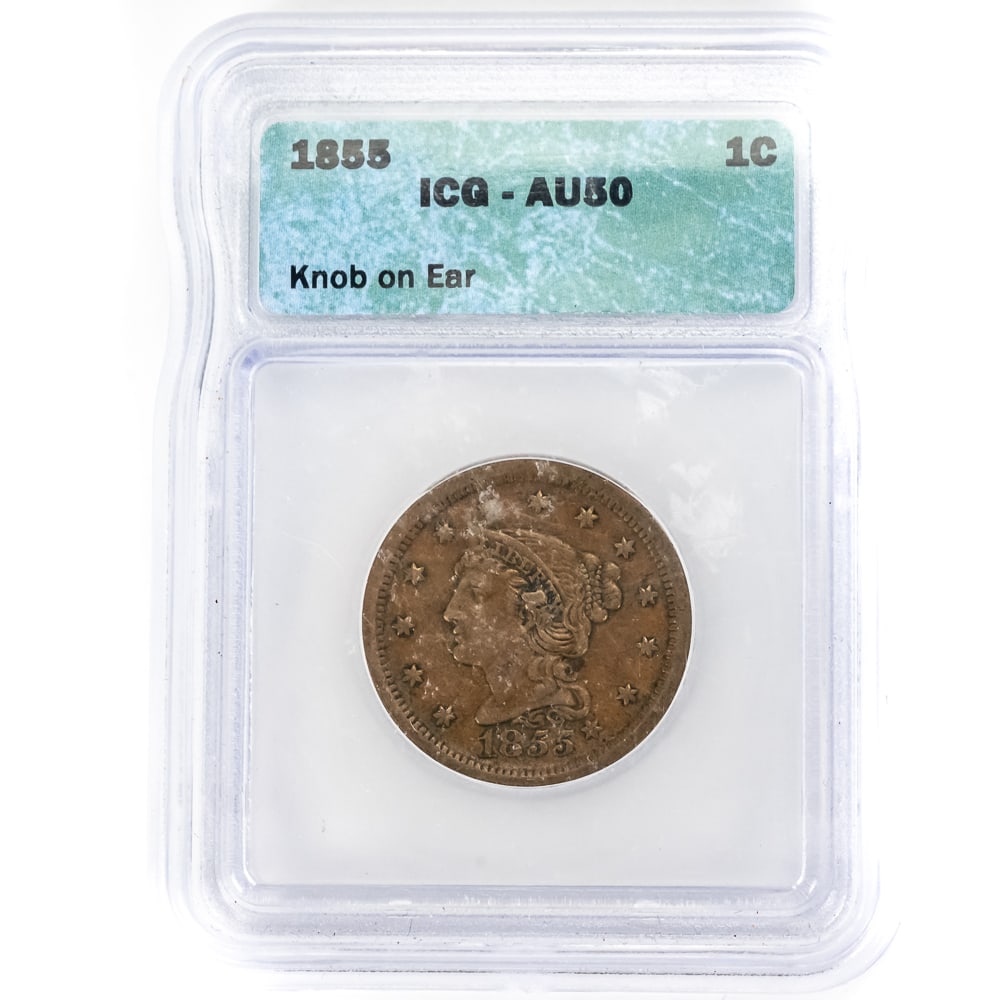 1855 Braided Hair Large Cent w Knob Ear ICG AU 50: 1855 Braided Hair Large Cent with Knob on Ear 1C, IGC slabbed and graded AU 50. Hard to come by early collector copper coin; a real beauty. Perfect addition to your collection, great gift idea. Please