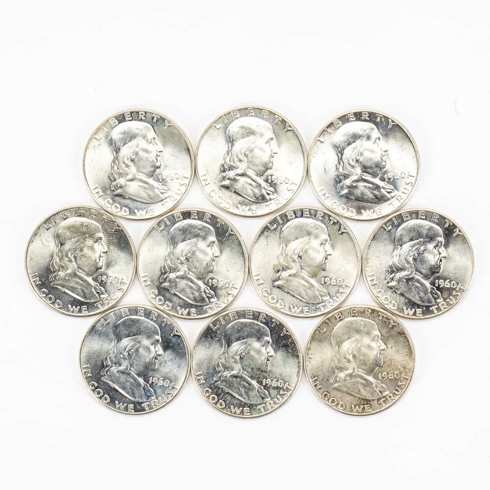 (10)1960 Franklin Silver Half Dollars MS 50c 50C: Collection of (10) Lustrous 1960 Franklin Silver Half Dollars, MINT STATE examples. Fantastic investment, lots of luster. Perfect addition to your collection, please use photos to judge condition and 
