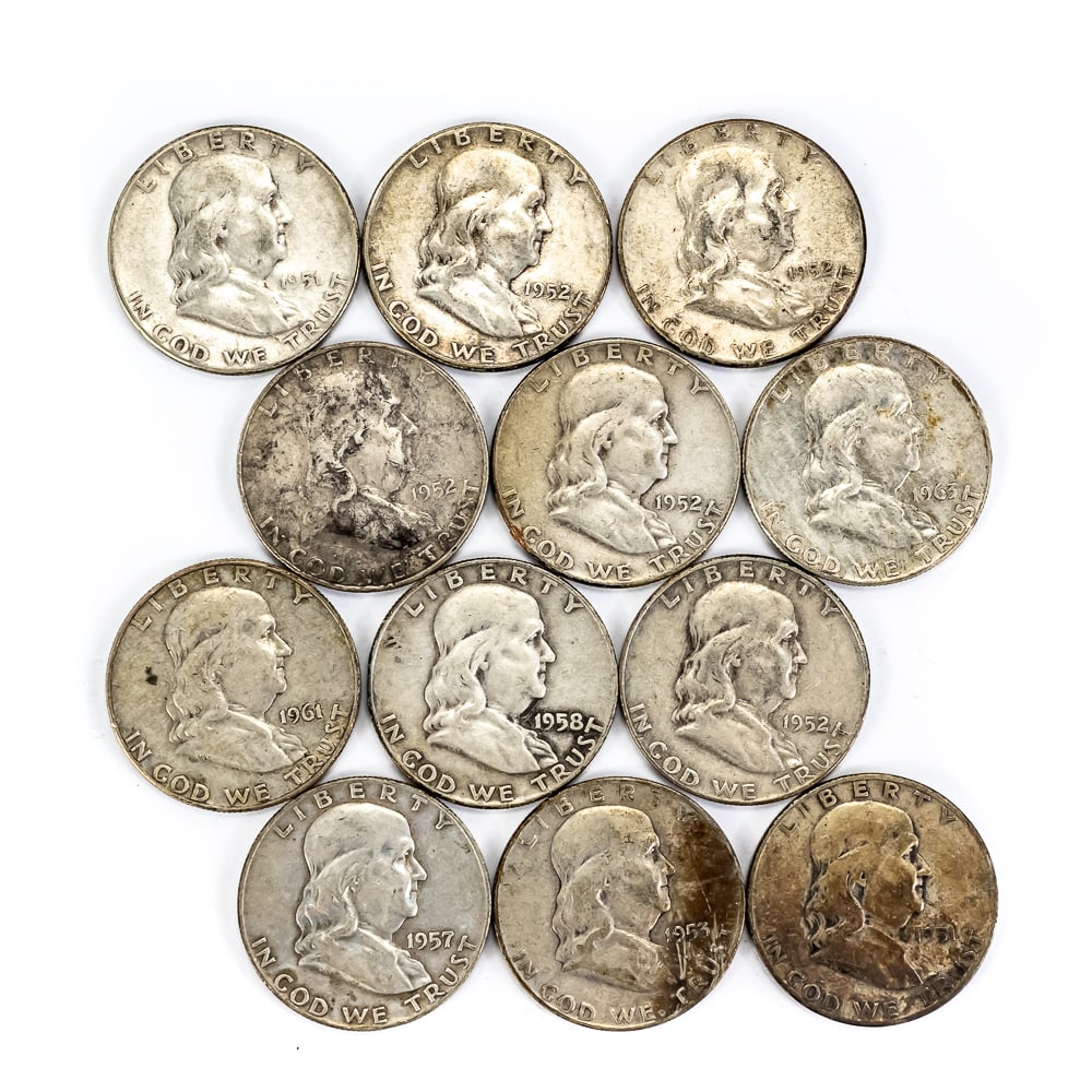 (12) Assorted Franklin 90% Silver Half Dollars 50c (1 of 3)