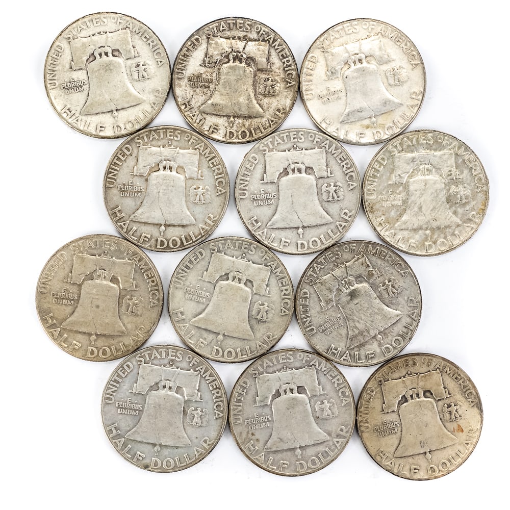 (12) Assorted Franklin 90% Silver Half Dollars 50c - 2