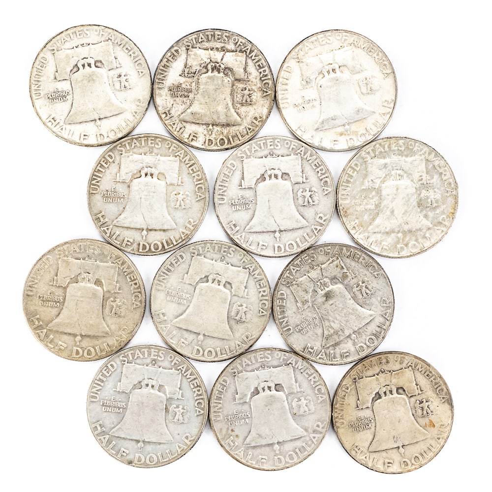 (12) Assorted Franklin 90% Silver Half Dollars 50c - 3