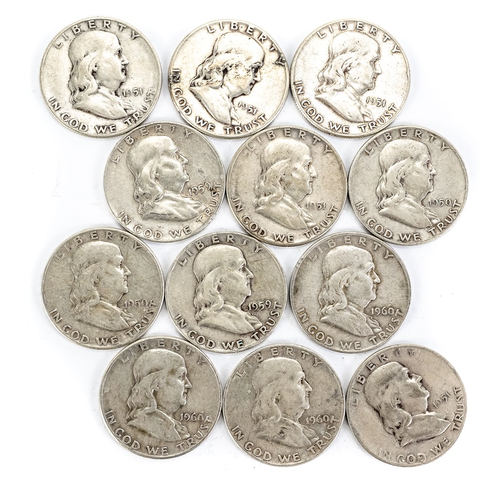 (12) Assorted Franklin 90% Silver Half Dollars 50C: Collection features (12) assorted Franklin Silver Half Dollars. "Junk" 90% silver is generally considered a fantastic and practical hedge against inflation additionally offering low premiums and