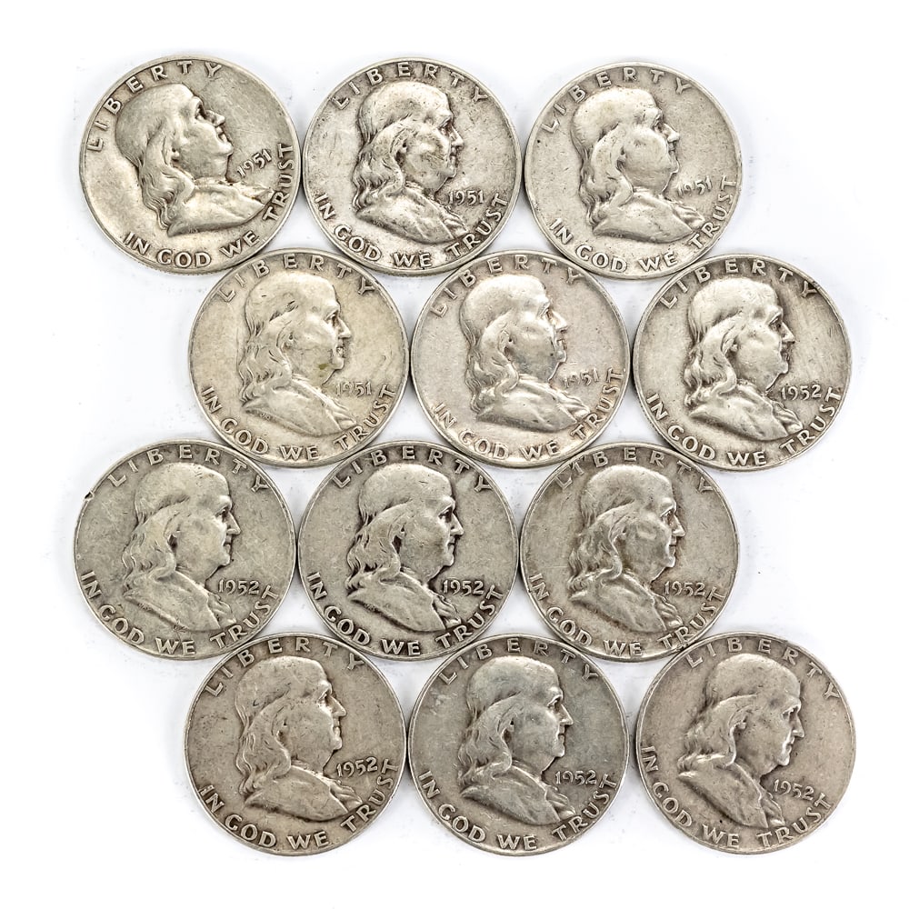 (12) Assorted Franklin 90% Silver Half Dollars 50C (1 of 2)