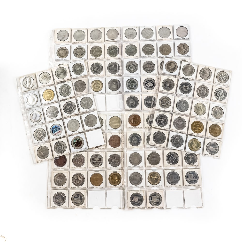 (109) Vintage Reno Casino Dollar Gaming Token's: Collection of (109) assorted vintage Reno dollar gaming tokens from casinos such as Horseshoe, JK Nugget, Hilton, Kings Inn,Liberty Bell, MGM Grand, Nevada Club, Overland, The Nugget, Ponderosa, Peppe