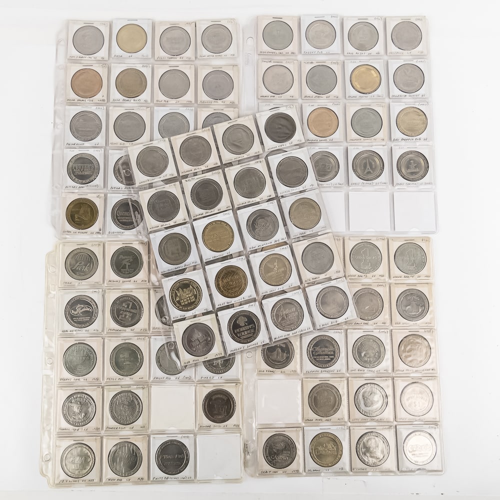 (94) Assorted 80-00s Las Vegas $1 Gaming Tokens: Collection of (94) assorted 80s-2000s Las Vegas $1 one dollar gaming tokens from casinos such as Plaza, Play It Again Sam, Quality Inn, Paddy's Pub, Palms, Park, Pete's Place, O' Aces, One Eyed Jane's