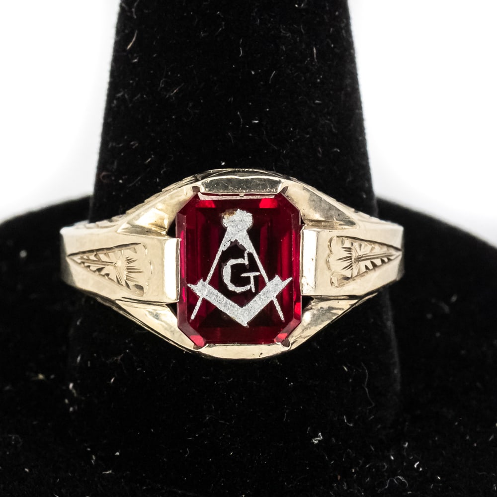 14k White Gold Masonic Blue Lodge Signet Ring: Handsome Art Deco 14k white gold Masonic signet; specifically Blue Lodge or Craft Lodge with the iconic square and compasses symbol "G"showcases on rectangular synthetic ruby. Perfectly accented with 