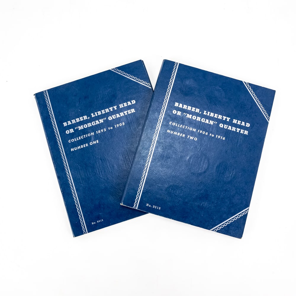 (14)Barber Silver Quarter Collection Whitman Album: Collection showcases semi complete Whitman Barber Liberty Head or Morgan Quarter volumes 1 & 2 vintage collector albums featuring (14) 90% silver collector coins. Silver is an excellent combatant agai