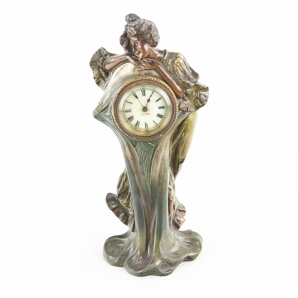 Art Nouveau Seth Thomas Figural Clock "La Pensee": This stunning Art Nouveau figural clock, titled "La Pensée" (The Thought), captures the quintessential elegance of the early 20th-century aesthetic. The piece features a graceful spelter figure o