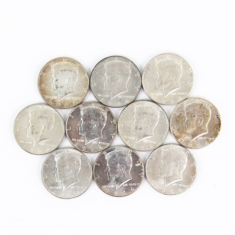 (10)1964 Kenedy 90% Silver Half Dollars 50C AU UNC (1 of 2)
