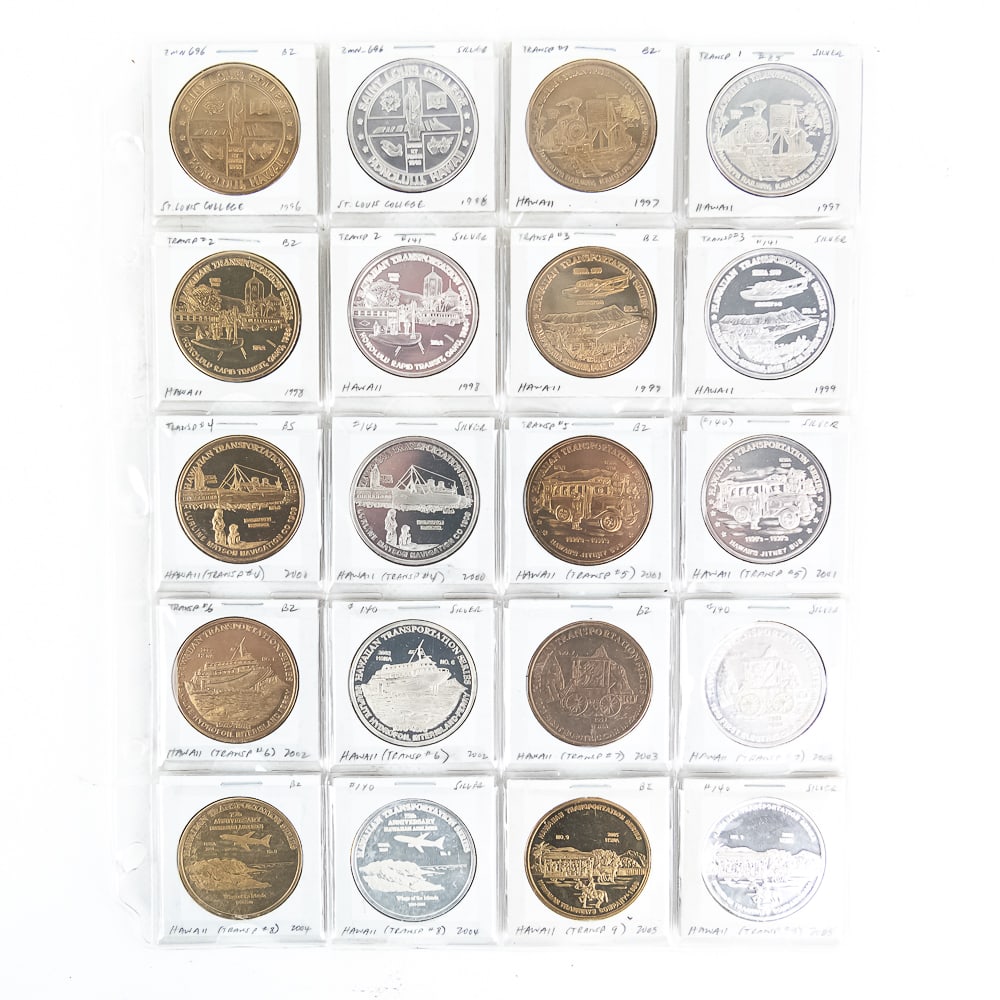 (20) Hawaiian Transportation Silver Bronze Tokens: Collection features (20) assorted Hawaiian Transportation & St Louis College Hawaii Fine Silver & Bronze collector proof rounds. Historically silver was been proven as an excellent combatant of rising