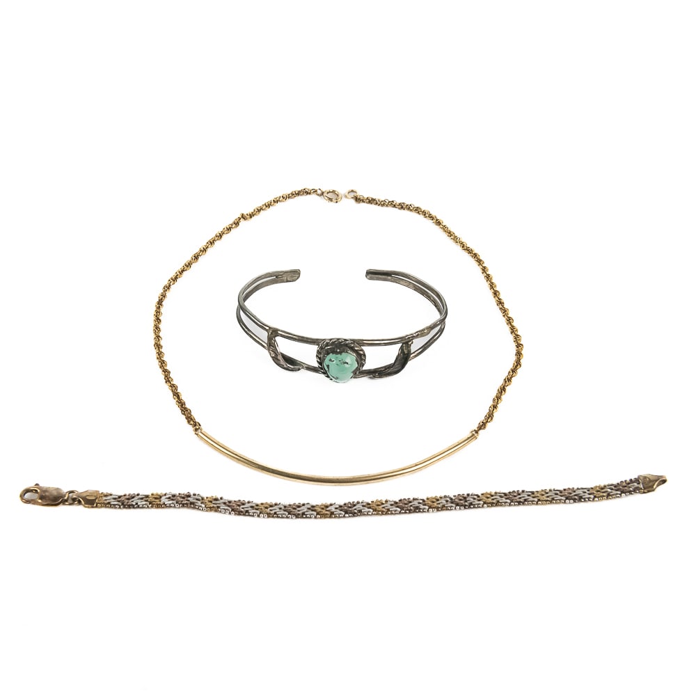 Ladies Sterling Turquoise Navajo Necklace & More: Collection features vintage Sterling Silver & Turquoise "Navajo" bracelet with a total weight of 12 grams, 7" Sterling Silver Tri Color mesh Chevron bracelet with a total weight of 10.5 grams & 15" 12
