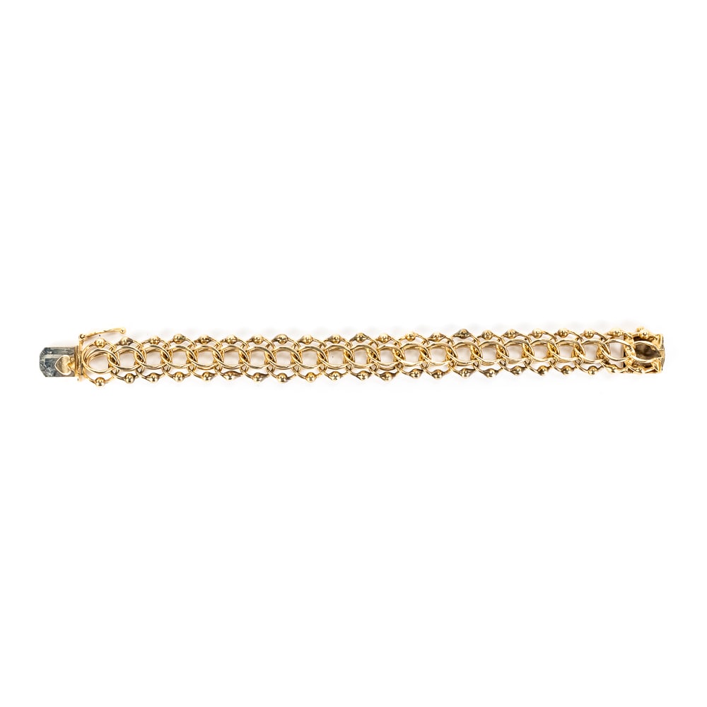 1950s 14k Yellow Gold Double Curb Ladies Bracelet: 1950s 14k yellow gold Double Curb design Ladies bracelet. Stamped and Tested for purity. Presents extremely well and is a REAL EYE Catcher !!! Boasting LOTSA GOLD inside intricate well constructed set