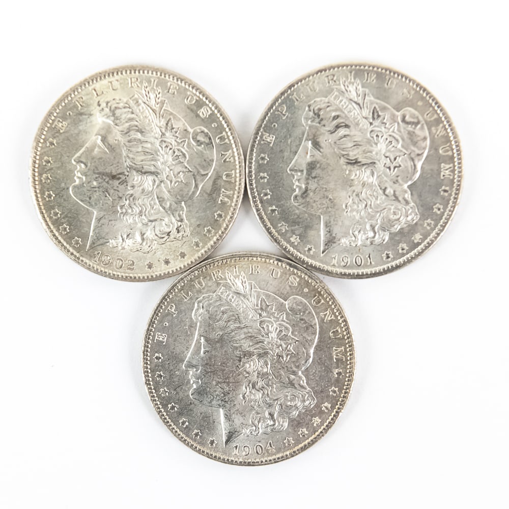 Unc. 1901-O, 1902-O & 1904-O Morgan Silver Dollars: Uncirculated 1901-O, 1902-O & 1904-O Morgan Silver Dollars (MS-AU). Lotsa Luster !!! Must Have for ANY Real Coin Collector!!! Please use photos to judge condition and bid accordingly.