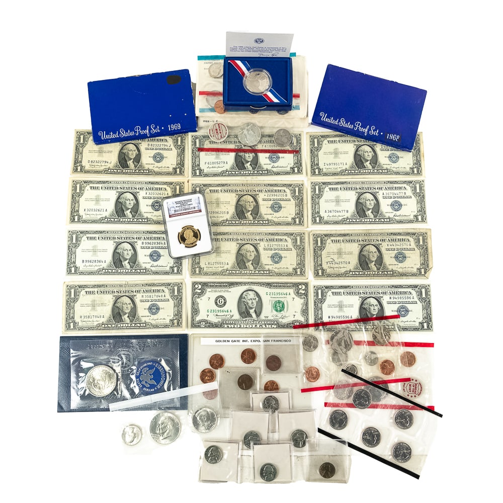 US Coin & Currency Collection 40% Silver Ikes +: Collection features (10) Assorted 1957 US $1 Dollar Silver Certificates; some crisp, 1935-H $1 Dollar Silver Certificate Bill & Crisp 1976 $2 Bill ALONG WITH 1968 & 1969 40% Silver US Proof Sets with 