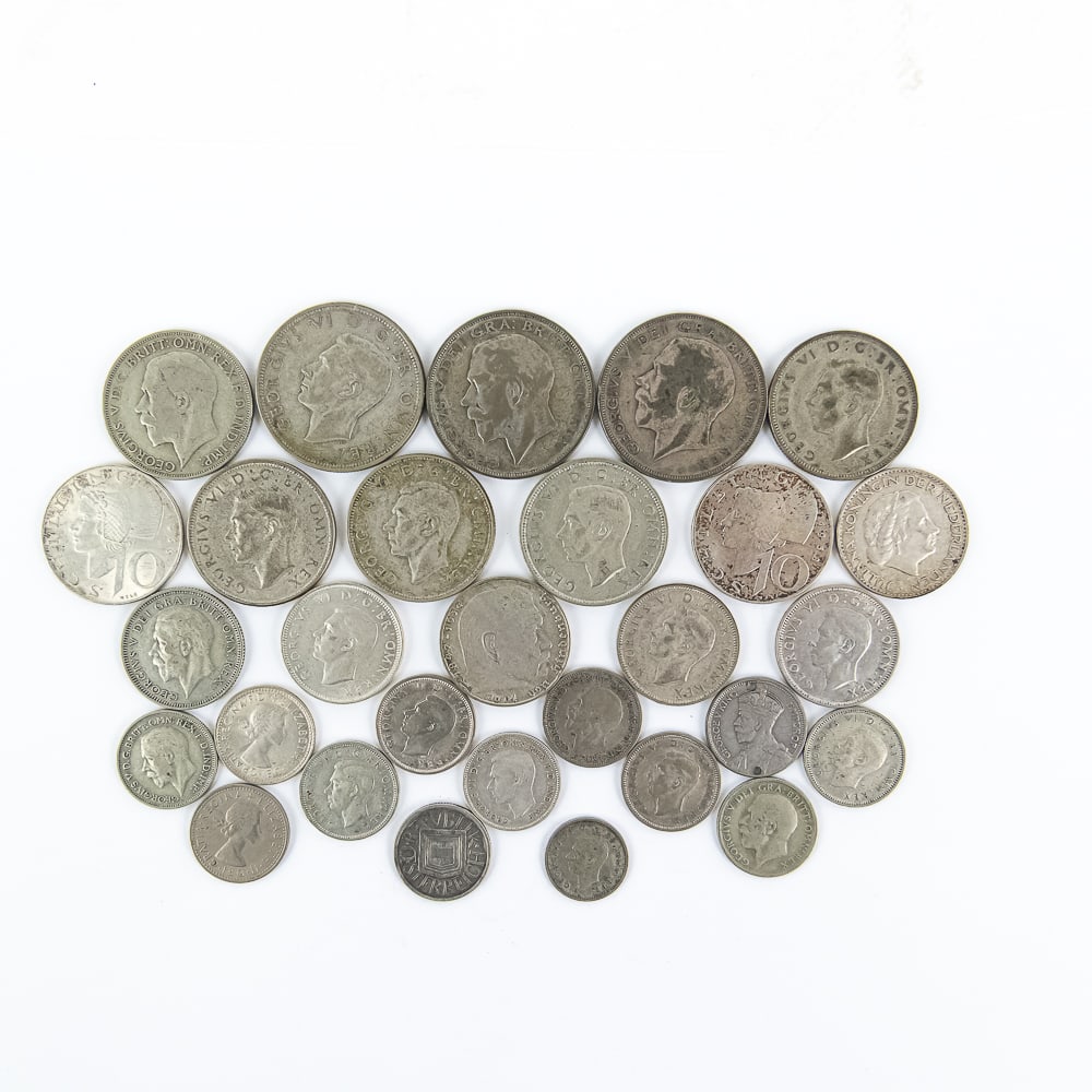 Foreign Silver Coin Assortment: Assorted Foreign Silver collection showcasing 1922 British 1 Florin 1923, 1924 & 1940 Silver half crowns, 1957 1 Gulden, 1939-D 2 Reichsmark, 1958 & 1966 10 Schilling, (4) 1941-1942 GB Two Schilling s