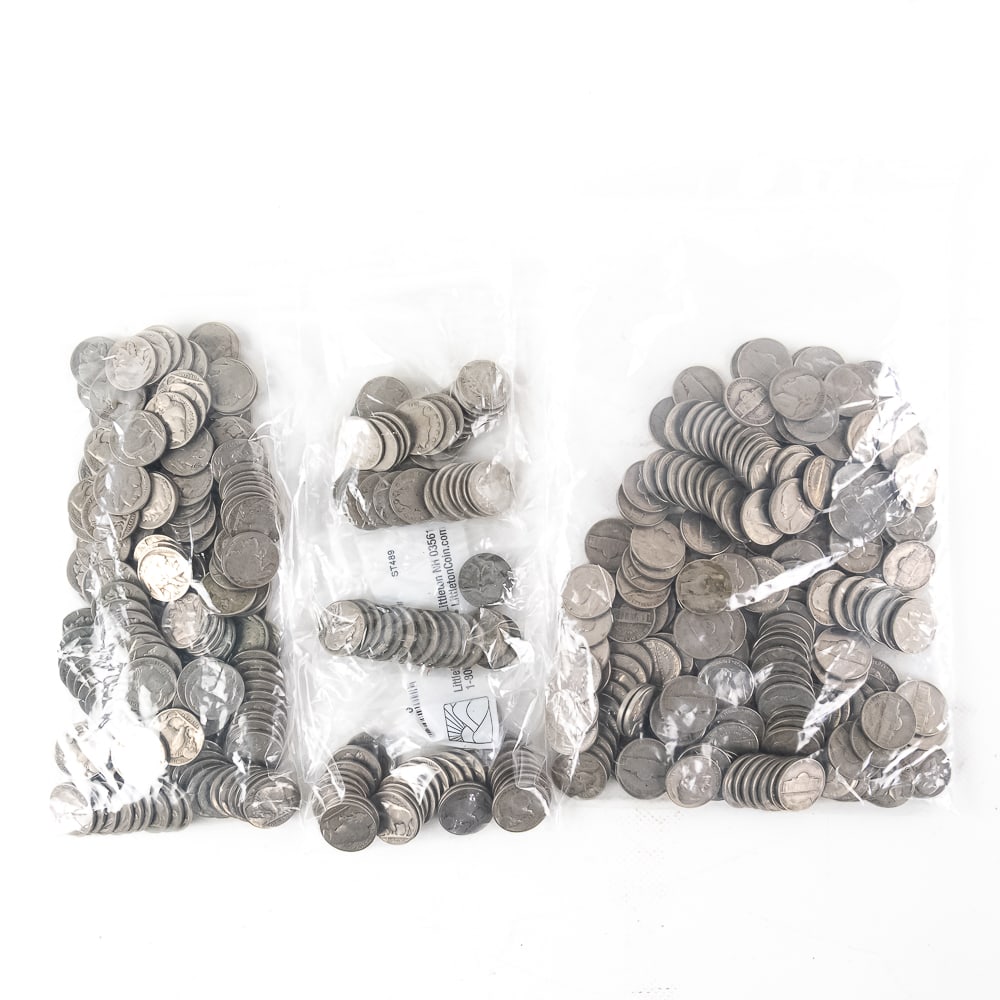 Buffalo "V" & Jefferson Nickel Assortment 5C: U.S. Nickel Assortment featuring (163) assorted Buffalo Nickels; MOST with dates some partial dates and some slicks, (32) pre 1920 Buffalo Nickels, (15) WAR Silver Nickels, (40) Assorted "V" Nickels a