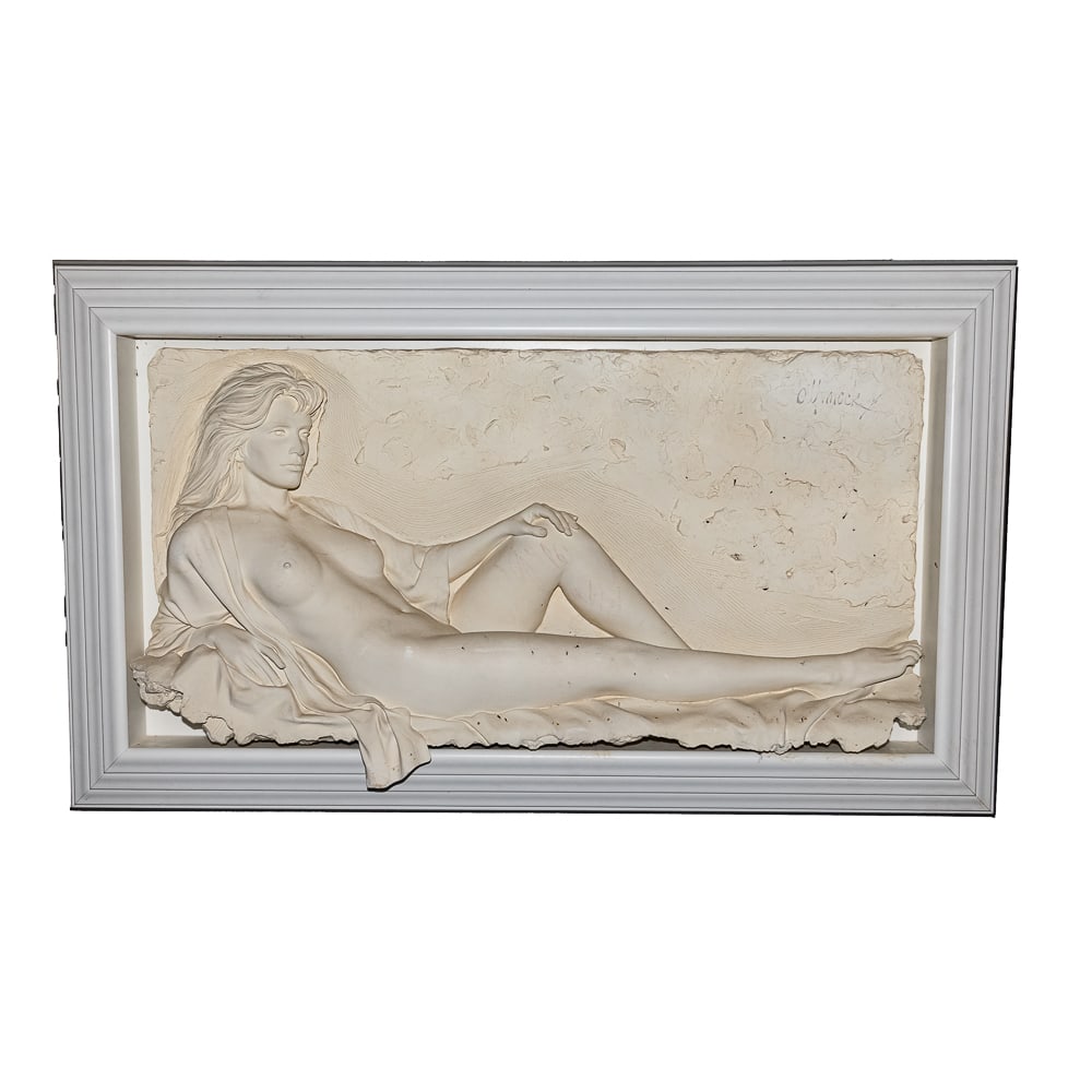 Bill Mack "Daydream" Relief Sculpture: Bill Mack "Passion" Relief Sculpture, 3D sculpture by American Artist, Bill Mach, known for his unique style using unconventional materials, crafted from bonded white sand or bonded composition, in a 