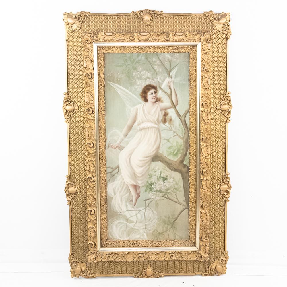Framed Antique Painting "Allegory of Music": Framed Antique Painting "Allegory of Music", oil on fabric, by the French academic painter Paul-Francois Quinsac, depicts an ethereal winged figure/fairy, seated gracefully on a tree branch, dressed i