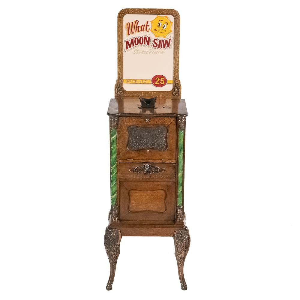 Cail-O-Scope Coin Op Peep Show Viewer: Oak, Caille Brothers floor model viewer, coin operated. Has paneled side, very ornate legs, castings and trim. Nice oak marquee. Has locks but no keys. Looks to be complete but no crank. Overall good 
