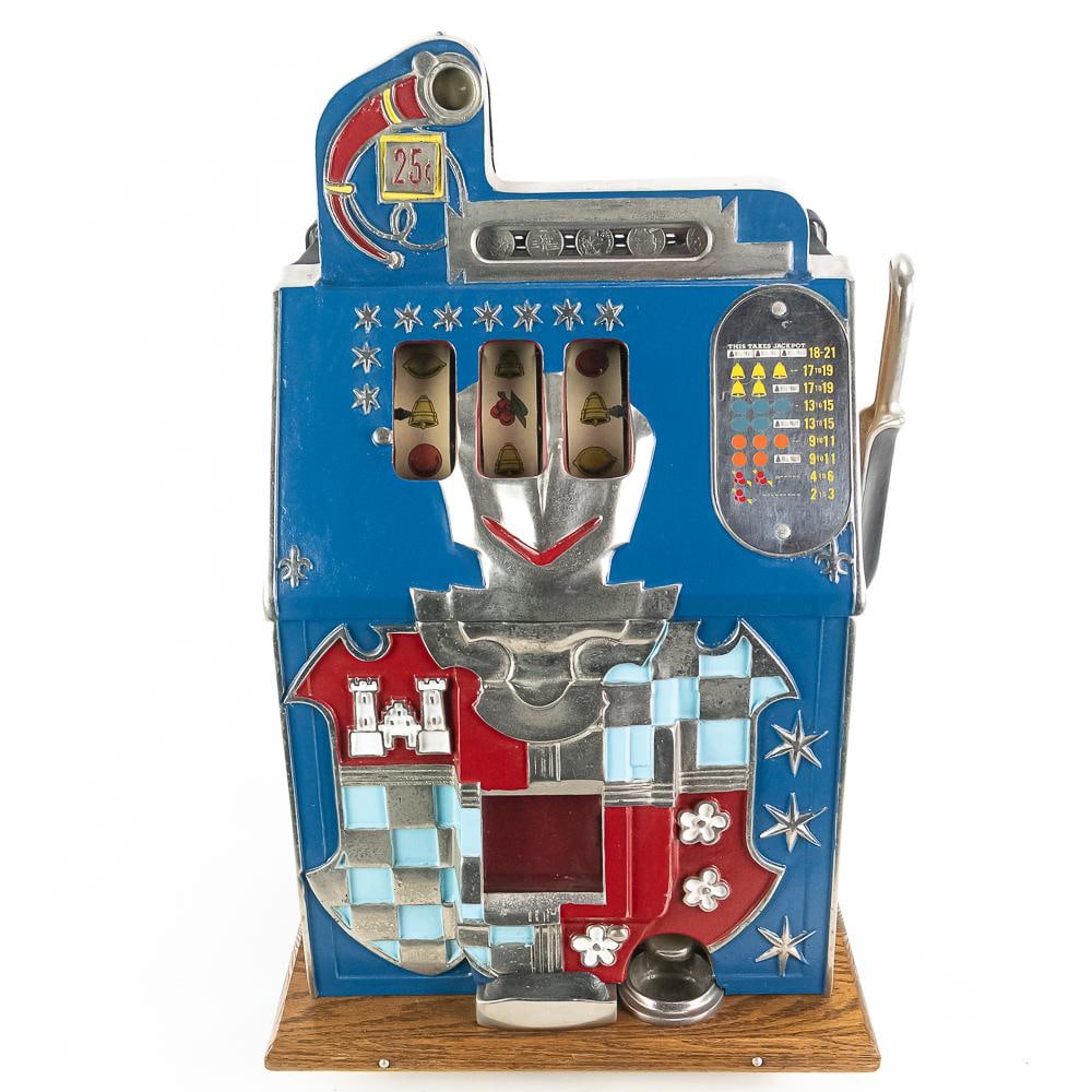 Mills 25 Cent "Castle Front" Slot Machine: An extremely nice restored (professionally) 3 reel slot machine. This machine is restored inside and out. Circa 1930s-40's, has coin box, lock and keys, and works as it should. Overall very good