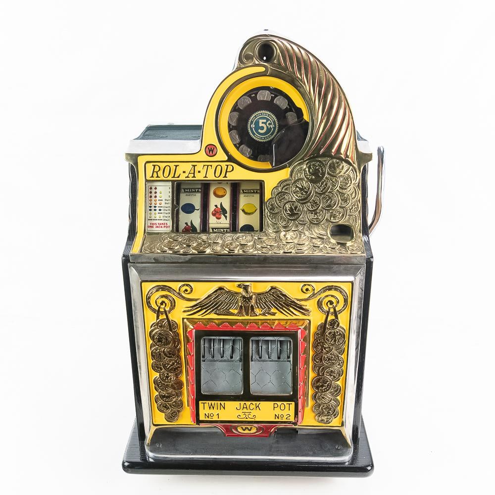 Watling 5 Cent Rol-A-Top Slot Machine: A beautiful, professionally restored 3 reel twin jackpot slot machine with original back door, lock and key, locking coin box. Works as good as it looks. Restored inside and out. Just a wonderful