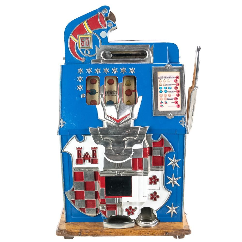 Mills 50 Cent "Castle Front" Slot Machine: A professionally restored inside and out, that looks outstanding. Has coin box, lock and keys. A 3 reel slot machine that works as good as it looks.Note: Pickup/Transport required. Contacts available