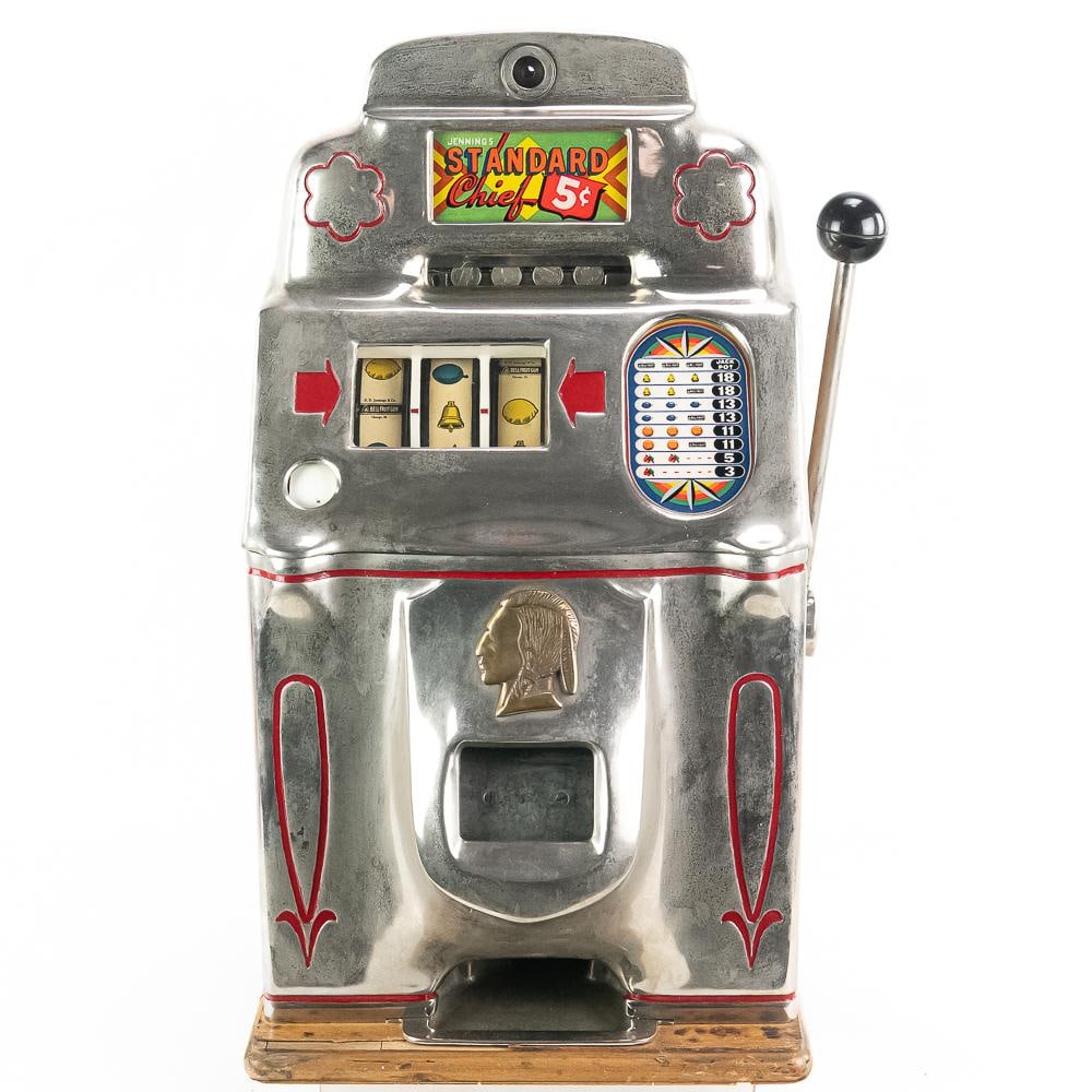 Jennings 5 Cent "Standard Chief" Slot Machine: Circa 1940's, looks to be original 3 reel slot machine in good condition with coin box, original back door, lock, and keys. . Shows some light normal wear. Works as it should. Nice machine.15" D x
