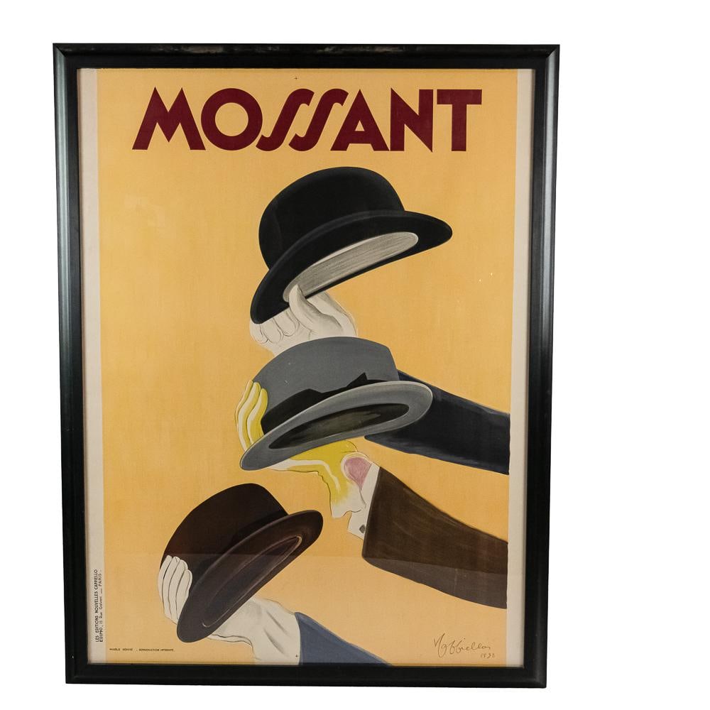 Large Capiello "Mossant" Advertising Poster: Large Leonetto Capiello "Mossant" Advertising Poster, 1938, by the iconic Italian-French artist known as the "Father of Modern Advertising", designed to promote the French hat brand, features three ha
