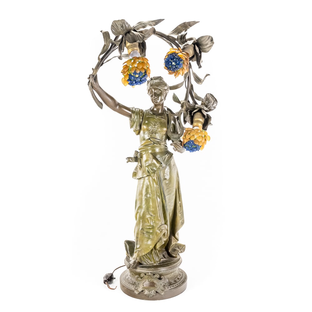 Vaugen "Harmonie" Art Nouveau Lamp: This is an exquisite French Art Nouveau figural lamp titled "Harmonie," featuring a classical female personification of music. The piece is signed "Vaugen" on the base and carries the "Fabrication Fra