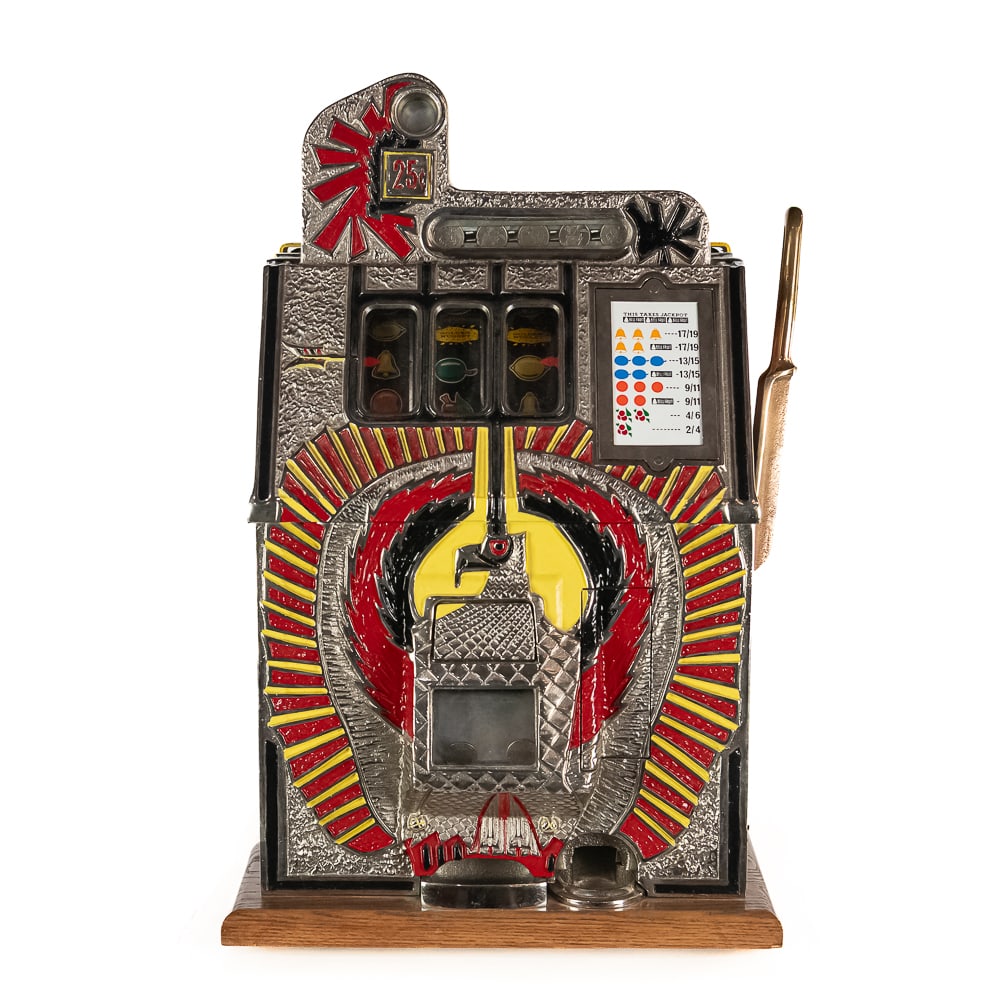 Mills 25 Cent War Eagle Slot Machine: Remanufactured machine from the 1990's in VG condition. Plays and pays. Comes with keys.
