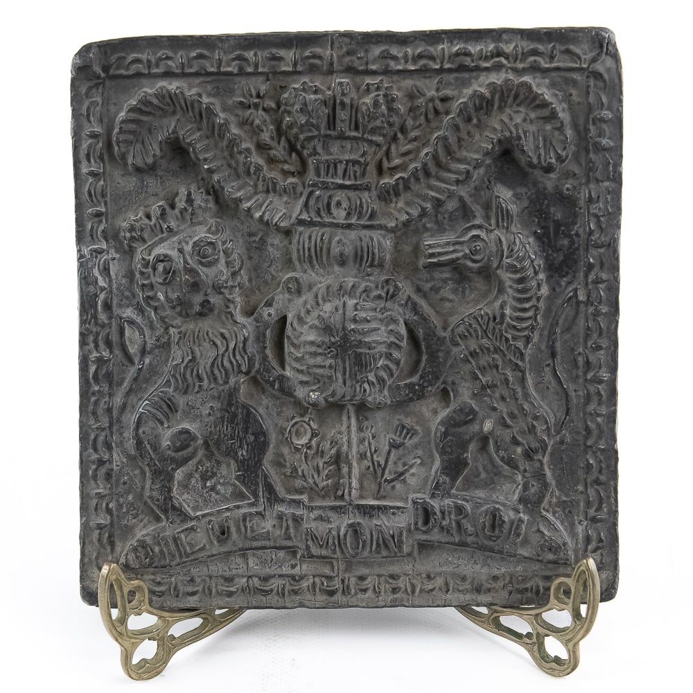 17th-C. King James I Lead Royal Arms Plaque, Stand (1 of 8)