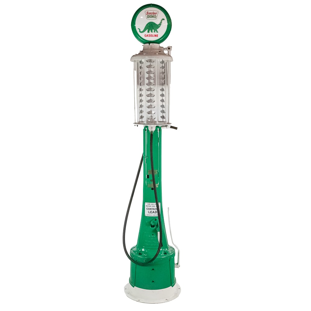 Fry Mae West Gas Pump: The iconic "Mae West" visible gas pump was originally manufactured by the Guarantee Liquid Measure Co., also known as Fry, in the 1920s,This is the Model 117 (10-gallon). It has an older restoration d