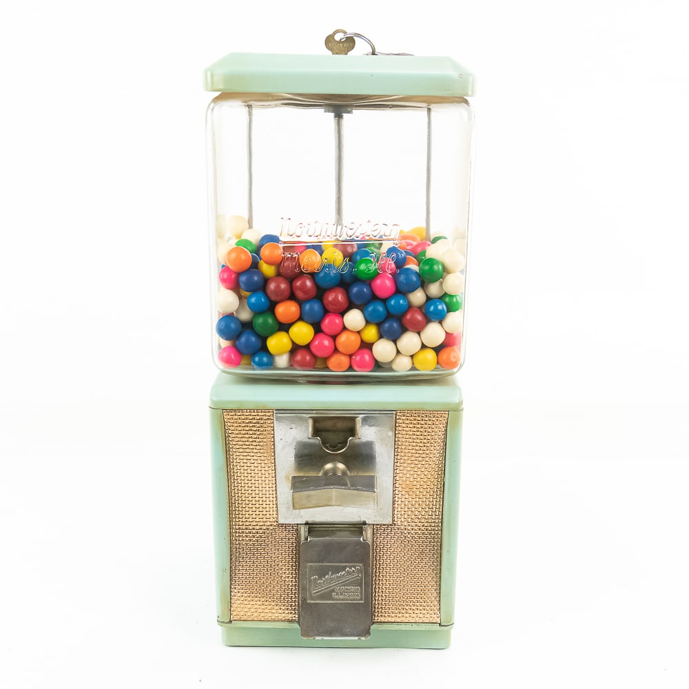 50s 60s Northwestern Model 60 Gumball Machine: 1950s Northwestern Model 60 vintage gumball machine, manufactured in Morris IL. Showcasing iconic gold tone textured "Speaker Panel" face plate perfectly accented on original teal green finish. Presen