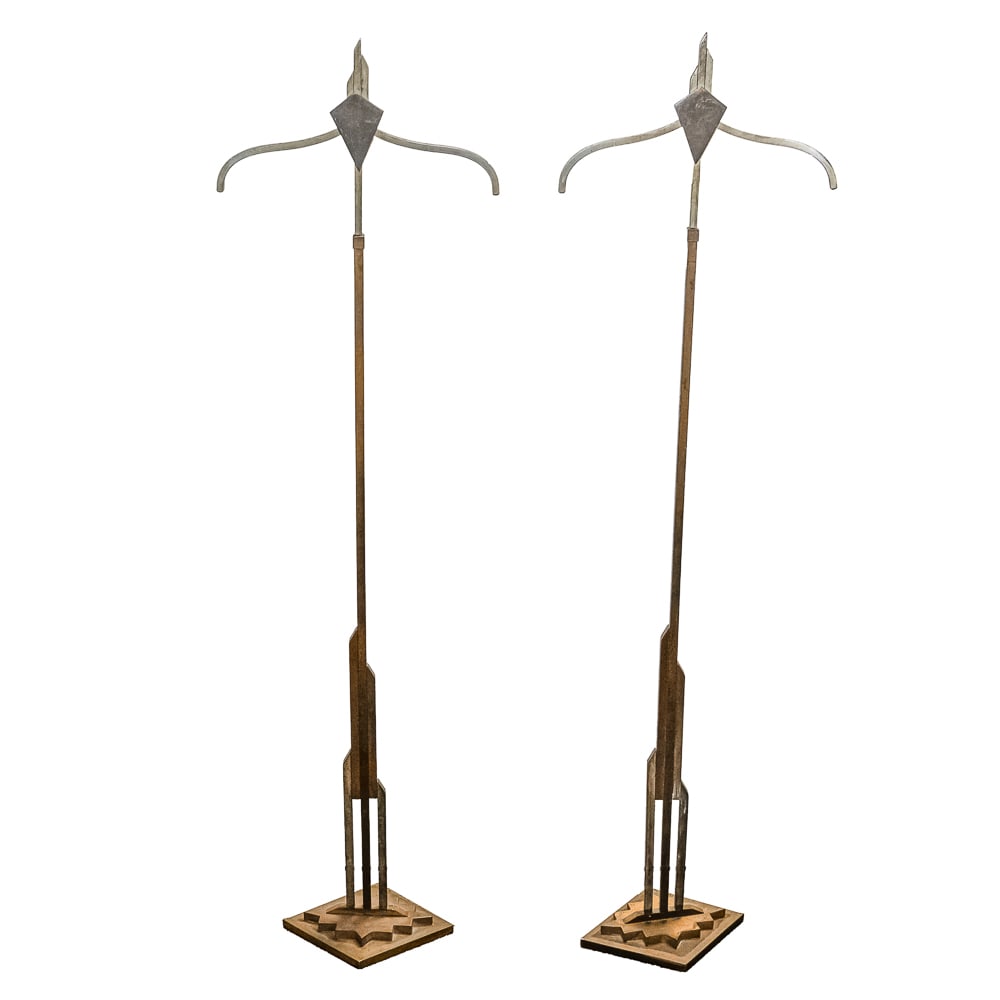 2 Art Deco Dress Stands: Pair of matching Art Deco coat or dress racks used in a clothing or department store. Made of formed iron square stock and a cast base. Height adjusts from 54" to 77" tall. Gold tone finish is worn.