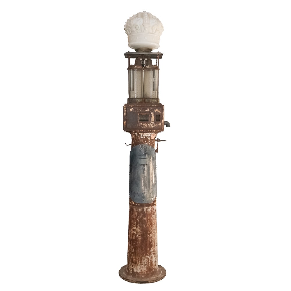 Unusual Dual Cylinder, Visible Gas Pump: Early, very unusual, visible gas pump. Manufactured by a foreign company. G.E.X. L' Aster Paris. Has two good clear glass visible cylinders, gas hose with nozzle, hand crank, brass ID tag, cast iron
