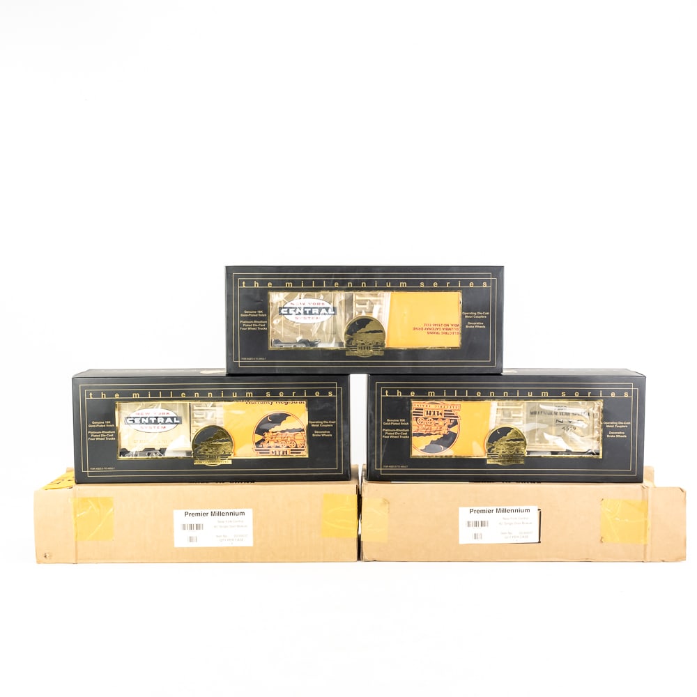 (3) M.T.H. Gold Plated NYC 40' Single Door Boxcars: (3) M.T.H. Electric Trains Gold Plated New York Central NYC 40' Single Door O scale Boxcar 20-93037. Very good overall condition, still featured inside original packaging- two include shipping box.