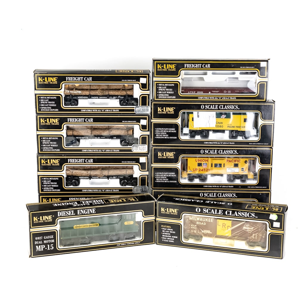 K-Line KCC Dual Motor MP-15 Diesel & (9) RR Cars: K-Line O/027 gauge electric train assortment showcasing Kennecott Copper Corporation KCC MP-15 dual motor diesel engine (K-2252IC), KLine LIRR Bay Window Classic O scale (K612-3741), KLine BNSF