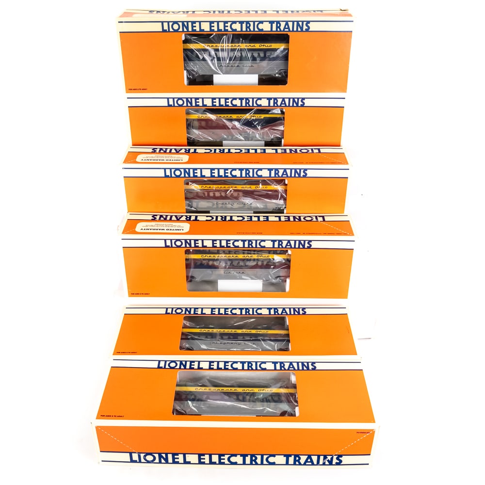 Lionel C&O Aluminum (6) Passenger Railway Car Set: Lionel Chesapeake & Ohio Aluminum (6) Passenger railway car set featuring 6-19145 through 6-19150. Nice assortment perfect addition to your layout!!! Very good overall condition, still featured