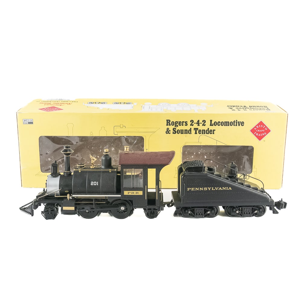 Aristo Craft Rogers 2-4-2 Locomotive wSound Tender: Aristo Craft Trains Rogers 2-4-2 Locomotive & Sound Tender ART-21001 PRR. Presents extremely well and in very good overall condition still featured with original packaging. Packaging shows wear with