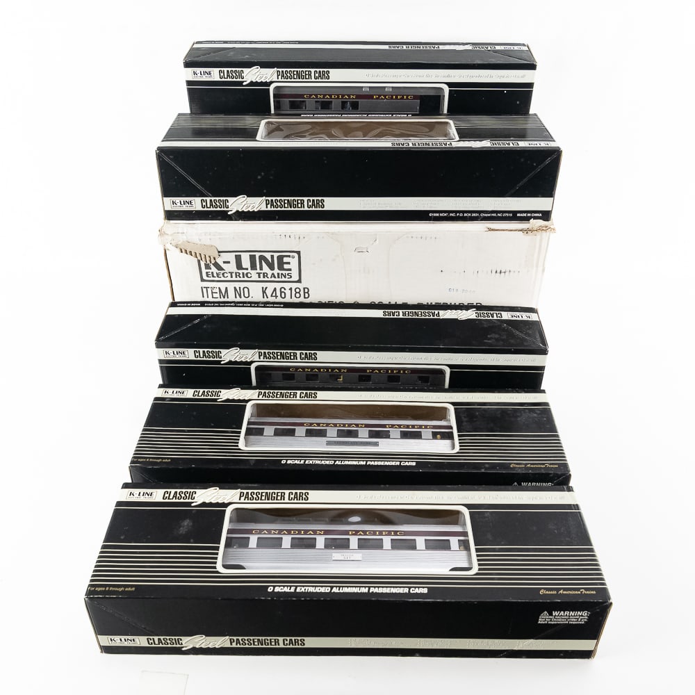 K-Line Canadian Pacific Aluminum Pass (5) Car Set: K-Line Canadian Pacific Aluminum (5) Passenger Car Set no. K4618B. Excellent overall condition still featured inside original packaging. Great Gift Idea. Perfect addition to your collection, please