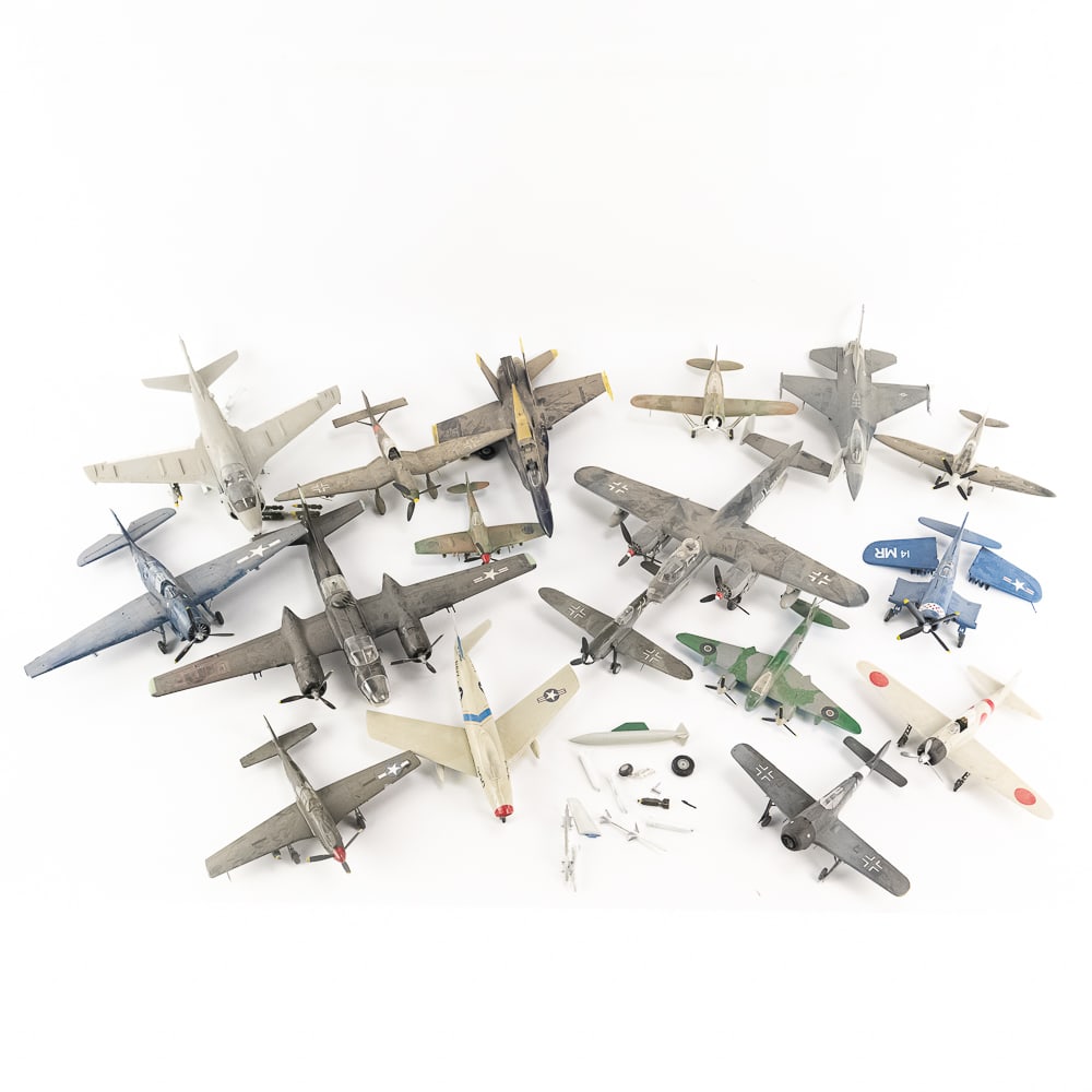 17 Assorted Military Fighter Jet Fighter Airplanes: Collection of (17) vintage assorted model military fighter jets and aircraft; the largest one is approximately 4"t x 16"d x 16"l. Each model appears complete possibly missing accessory pieces, some